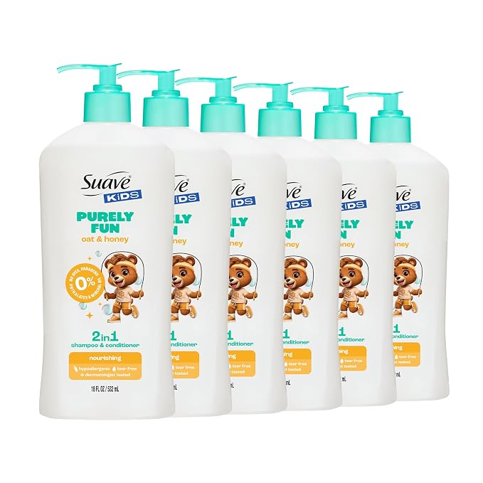 Suave Kids Purely Fun 2 in 1 Shampoo and Conditioner with Oat & Honey Tear-Free, Hypoallergenic, Gentle Hair Care for Sensitive Scalps, Kids Shampoo & Conditioner, 6 Count, 18 fl oz