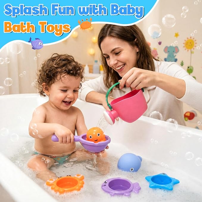 9 PCS Baby Bath Toys for Kids Ages 1-3, Mold Free Toddler Bath Toys for 2-4 with 3 No Hole Squeezing Marine Animals Toys, Bathtub Beach Sand Water Table Toys for 1 2 3 Years Old Girls Boys Gifts
