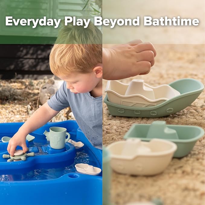 Haakaa Nautical Silicone Baby Bath Toys Set, Food Grade Silicone Bathtub Toys for Toddlers, Mold-Free Stacking Boats & Spinner Toy & Pouring Cup, BPA Free Floating Tub Toys for Baby 6M+