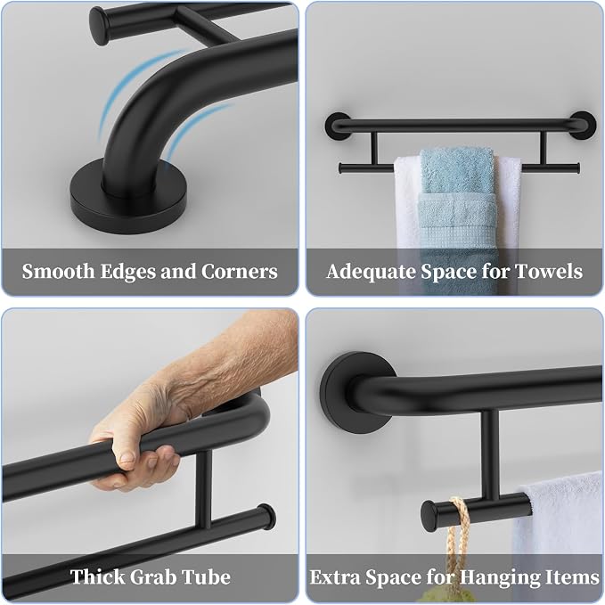 Matte Black Grab Bar 24 Inch w/Towel Holder, iHansee Stainless Steel Towel Rack Shower Support Balanced Support Handle, Wall Mount Safety Handrail Grab Rail for Elderly Senior Handicap Disabled
