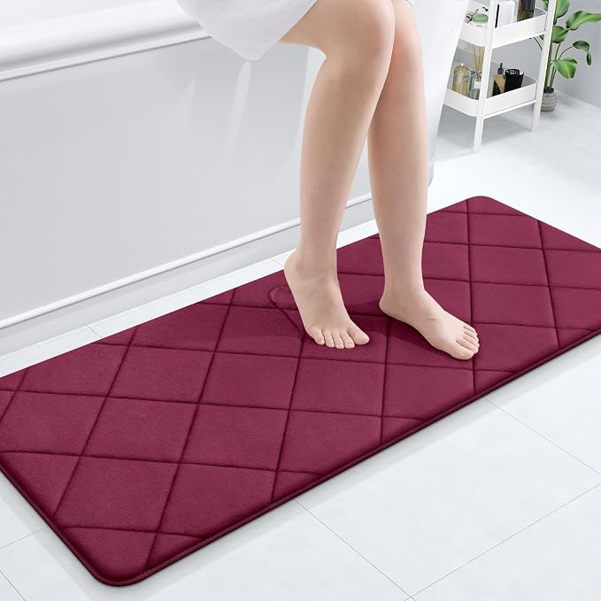 OLANLY Memory Foam Bath Mat 47x20, Ultra Soft and Absorbent Bathroom Rugs, Machine Washable, Comfortable Bath Carpet for Bathroom Floor, Tub and Shower, Burgundy