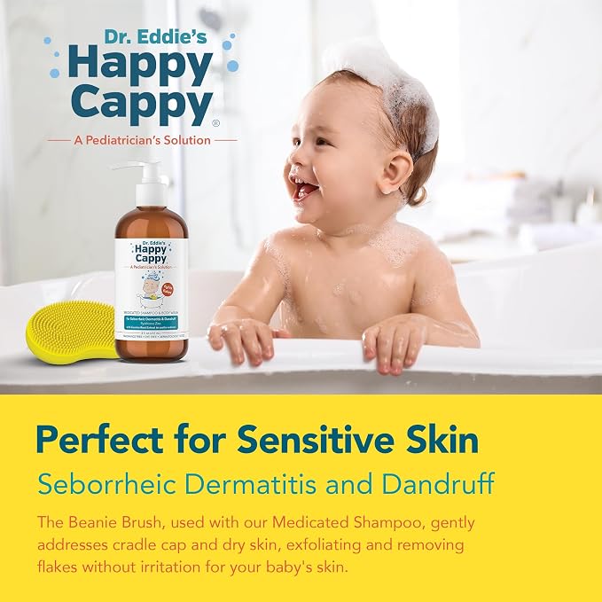 Happy Cappy Cradle Cap Medicated Shampoo and Body Wash with Beanie Brush - Baby Dandruff Shampoo, Helps Infants with Seborrheic Dermatitis, Dermatologist Tested, Gentle Baby Scalp Scrubber - 2 Pieces
