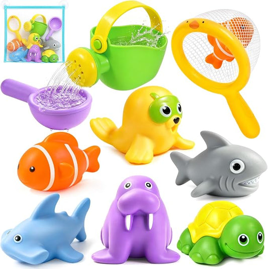 Baby Bath Toys, Toddler Tub Water Toys for Kids Pool Toys Floating Easy Clean Ocean Animal Bathtub Toys with Storage Bag,Watering Can, Bath Cups(10 PCS )