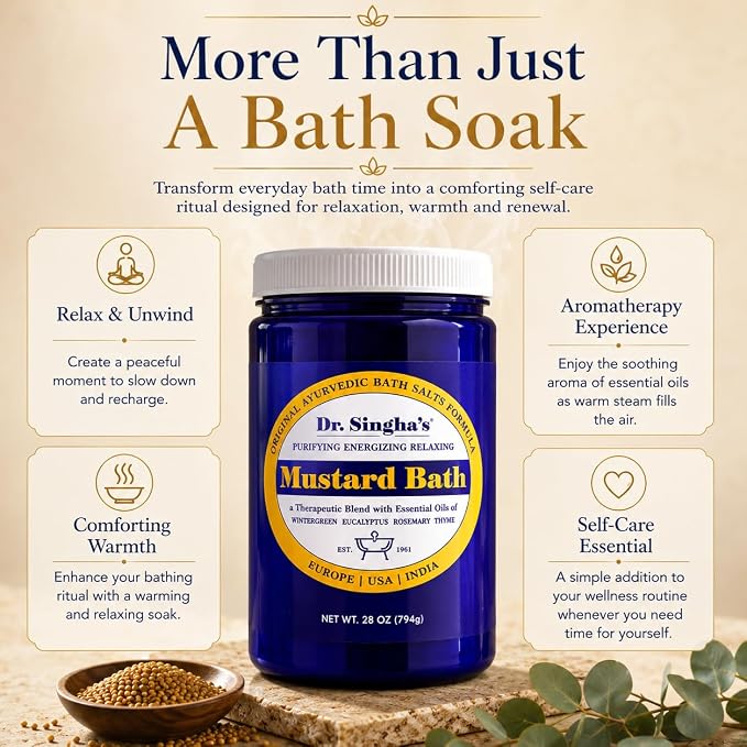 Dr. Singha's Mustard Bath Soak – Aromatherapy Bath Salts with Mustard Seed & Essential Oils for Muscle Relaxation, Stress Relief & Soothing – Epsom Salt Alternative, 28 oz