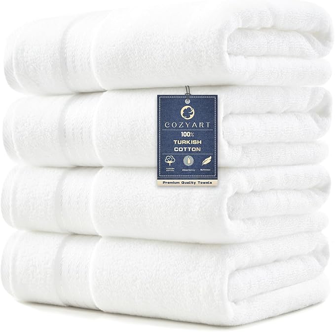 COZYART Luxury Bath Towels 4 PCS, 27x54 650 GSM Turkish Cotton, White | Zero Twist 100% Ring Spun Cotton, Fluffy, Ultra Soft, Super Absorbent, Quick Dry, Large Towels for Hotel Spa Bathroom Shower