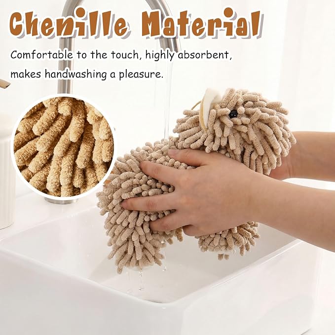 Tegeme 1 Pcs Chenille Dog Hand Towel Fuzzy Towel Absorbent Microfiber Soft for Bathroom Kitchen Washstand (Brown,Standing Dog)