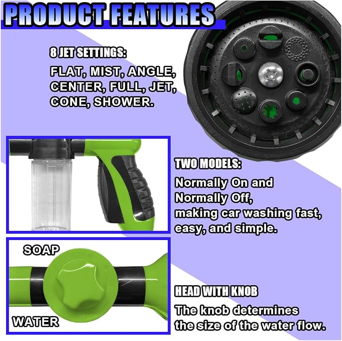 High Pressure Car Wash Foam Gun, 8 Way Spray Pattern Garden Hose Nozzle with 3.5oz/100cc Soap Dispenser, Adjustable Hose Spray Nozzle for Car Washing, Pet Shower, House Cleaning (Green)