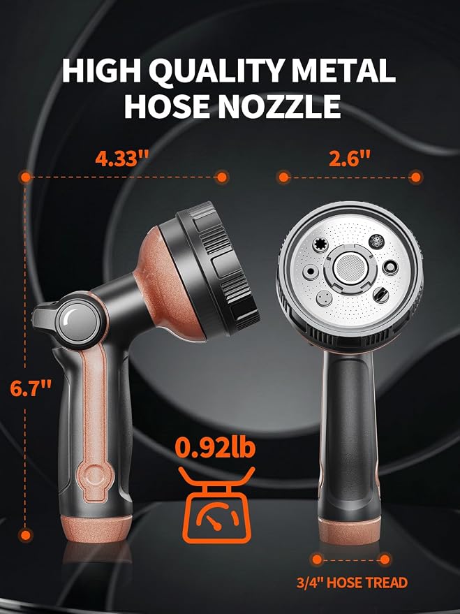 Garden Hose Nozzle, Metal Water Spray Nozzle with 8 Spray Patterns & Thumb Control, Heavy Duty Full Shower Water Nozzle for Lawn & Plant Watering, Car & Pet Washing, Black