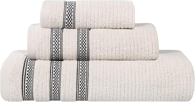 Superior Cotton 3-Piece Towel Set, Zero Twist, Ribbed Geometric, Bathroom Essentials, Shower, Spa, Luxury Plush Soft Absorbent Towels, Includes 1 Bath, 1 Hand, 1 Washcloth/Face Towel, Stone