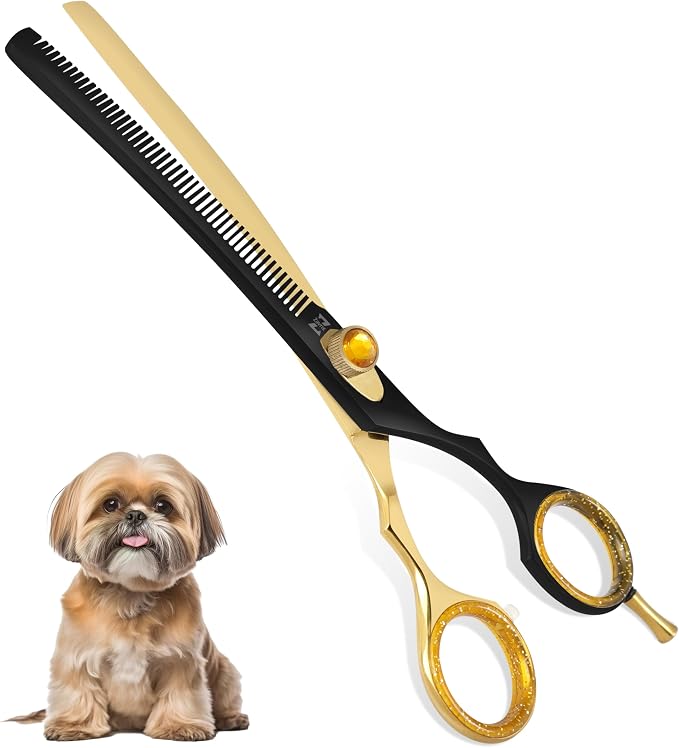 ZAVRIX Professional Dog Grooming Scissors – 7.5” Curved Thinning Shears with 34 Teeth, Pet Chunkers for Dogs & Cats, Premium 440C Stainless Steel Grooming Tools (Golden Black Curved Thinning Scissor)