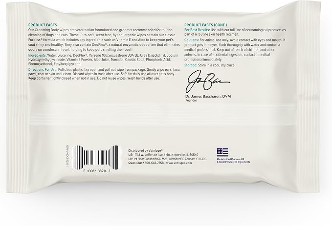 Vetnique Furbliss/Dermabliss Pet Wipes for Dogs & Cats for Grooming, Cleansing & Deodorizing, Thick Dog Wipes for Convenient Dog Cleaning with Natural Deodorizer, 100ct (NEW Unscented)