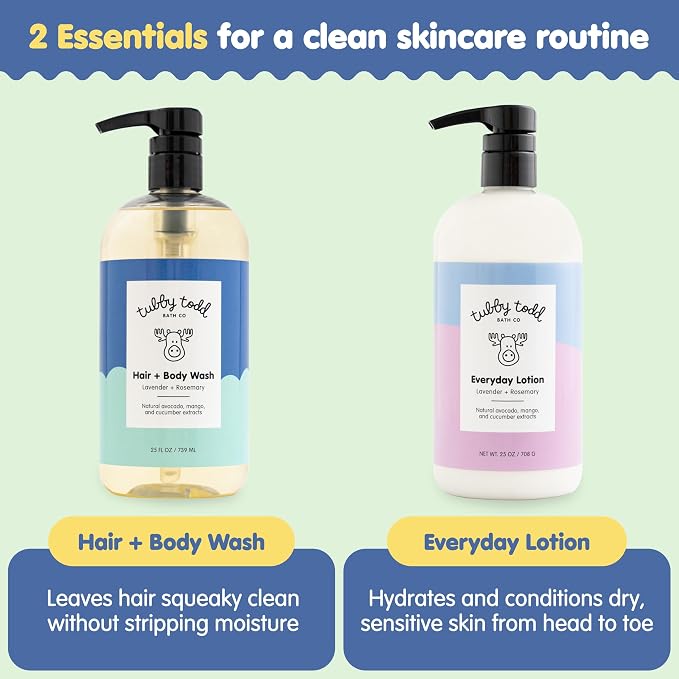 Tubby Todd's Baby Body Wash and Lotion Set - Gentle, Hypoallergenic Skincare for Newborns & Toddlers - 25oz, Lavender Rosemary