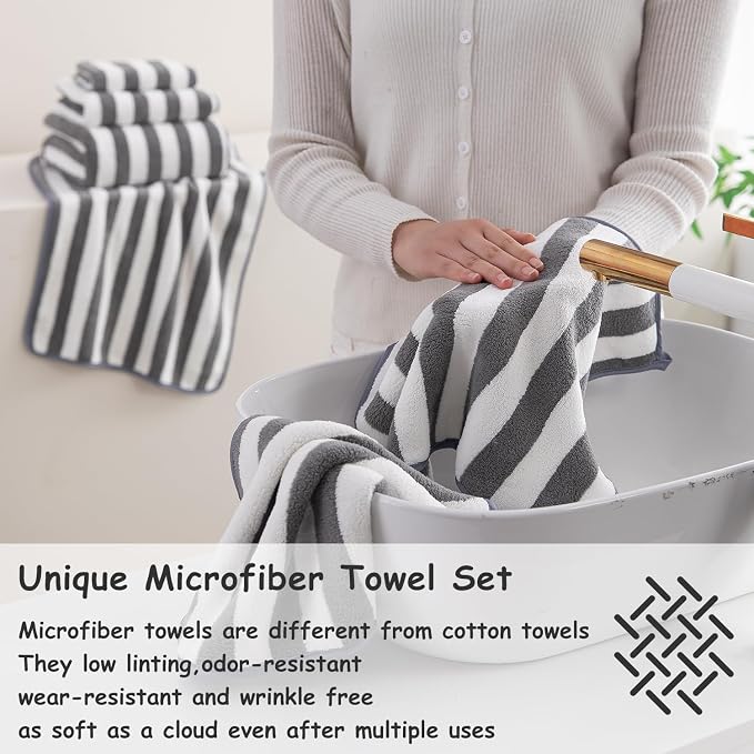 18 Pcs Gray Stripe Bath Towel Set with Hanging Loop-6 Bath Towels,6 Hand Towels,6 Washcloths Soft Family Towels Set Bathroom Towel Highly Absorbent Quick Dry Shower Towel for Beach Chair Spa Gym Hotel