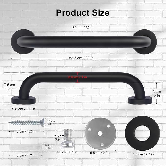 supregear Grab Bars for Bathroom, 32 Inch Length Black Shower Safety Grab Bar, 1 Inch Diameter 201 Stainless Steel Anti-Slip Handle for Senior, Elderly, Handicap