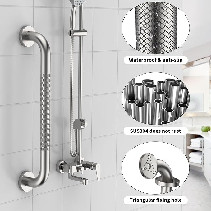 2 Pack 16 Inch Anti Slip Shower Grab Bar, ZUEXT Brushed Nickel Stainless Steel Bathroom Grab Bar, Knurled Bathroom Balance Bar,Safety Hand Rail Support,Handicap Elderly Injury Assist Bath Handle