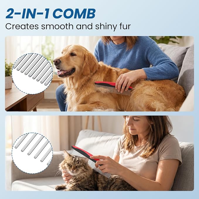 Double-Sided Pet Grooming Rake - 4-in-1 Professional Pet Grooming Kit Deshedding Dematting Tool for Dogs Cats Extra-Wide Grooming Brush & Deshedder Comb for Long & Short Haired Pets (Red Kit 4PCS)