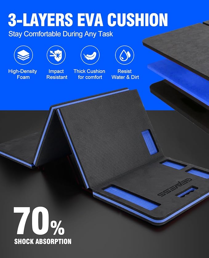 Foldable Kneeling Pad, 47.2" Large Supportive Mechanic Mat with Storage Strap & Tool Tray, Extra Thick Comfortable Foam Knee Pad for Gardening, Garage, Workshop Repairing