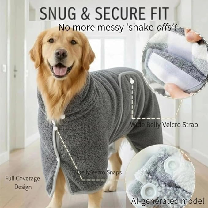 Cat Bathrobe Super Absorbent Drying Towel Full Wrap Quick Dry Pet Robe for Large Medium Small Dogs Adjustable Grooming Coat for After Bathing Swimming & Rainy Day (Gray,Medium)