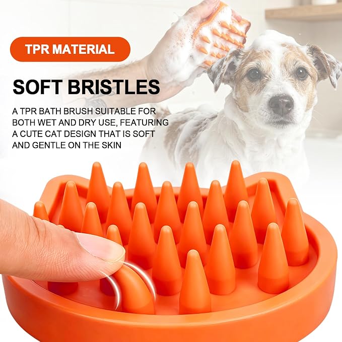 Orange Cat-Shaped Dog Bath Brush Dog Washing Brush for Dogs&Cats | Soft TPR Bristles,Dog Massage Shampoo Brush,Pet Grooming Tool,Remove Loose Hair Knots Deep Cleansing