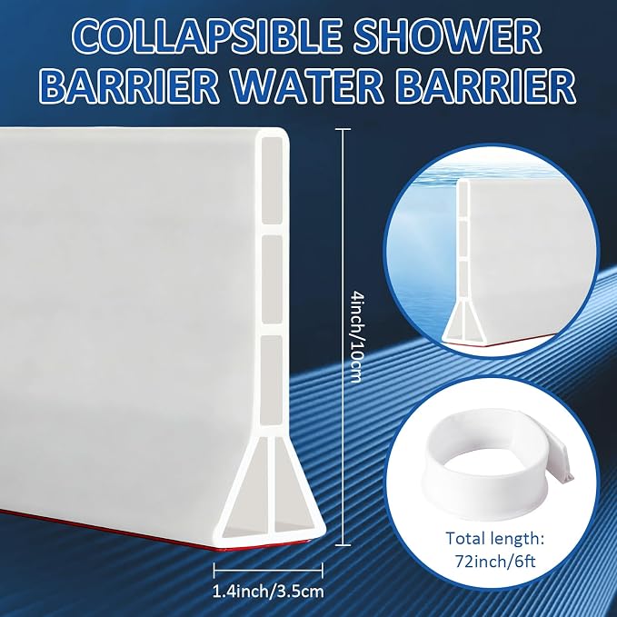 4'' High Shower Threshold Water Dam, 6ft Long Collapsible Shower Water Splash Guard, Self-adhesive Shower Barrier, Water Stopper for Wet and Dry Separation Bathroom (72Inch)