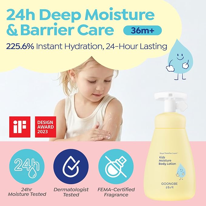 GOONGBE Kids Complete Body Care Set - Korean Low pH Body Wash & 24hr Moisturizing Lotion - Hydrating Formula with Panthenol, Amino Acids, Cica & Squalane - Allergen-Free Scent, 10.1 fl.oz & 2.7 fl.oz