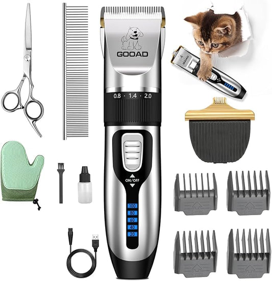 Cat Clippers for Matted Hair, Cordless Low Noise Pet Shaver & Grooming Kit with Paw Trimmer for Dogs and Cats, Professional Detangler for Thick Coats (Silver)