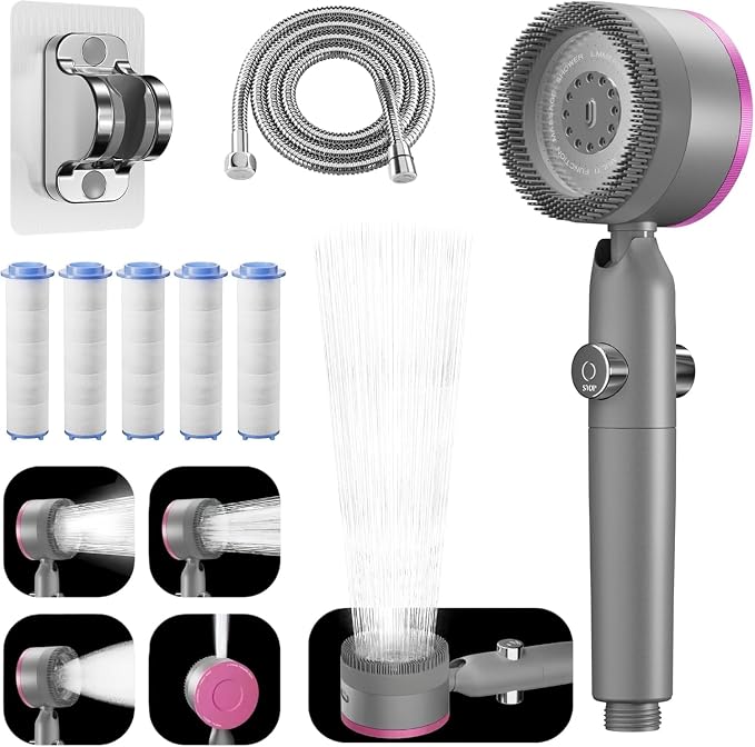 Filtered Handheld Shower Head, High Pressure Power Showerhead with 5 Filters & 59" Flexible Hose, 360° Rotating Adjustable Shower Head with Wall Holder & ON/Off Switch for Hair & Skin, Gray