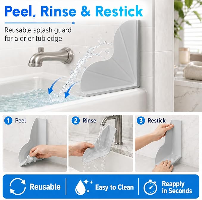 Vespara 2-Pack All-Silicone Shower Splash Guard Kit with Strong Suction Cups, Large Splash Guards for Bathtub, One-Piece Design Corner Guards to Keep Water in Shower or Bath (9.8x9.5inches) Grey