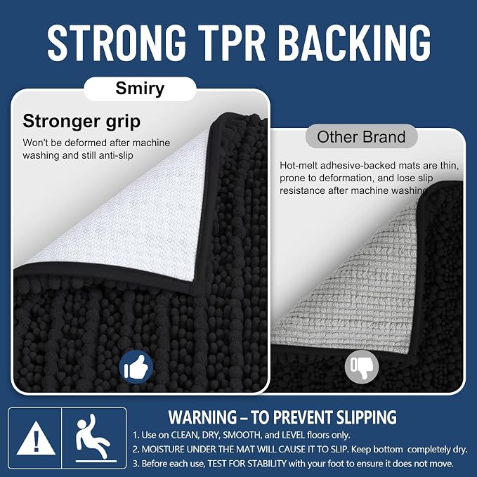 Smiry Bathroom Rugs Mat 32x20, Extra Soft Absorbent Chenille Bath Rugs, Non Slip Rubber Backing Machine Washable Quick Dry Bath Mats for Bathroom Floor, Tub, Shower, Home Decor Accessories, Black