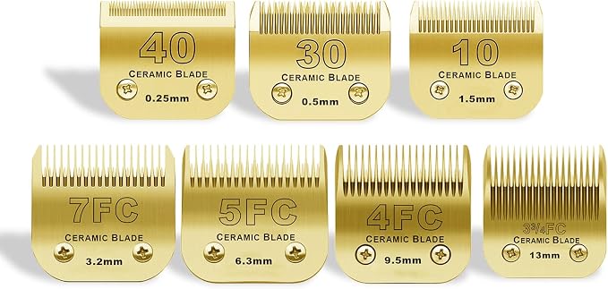 Gold Detachable Dog Blades Set Compatible with Andis/Oster A5 Grooming | Compatible with wahl km10 dog clipper,Made of Ceramic Blade & Stainless Steel Blade,Include 10+30+40+7FC+5FC+4FC+3FC ,7 Pack