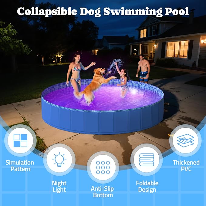 Foldable Dog Pool with RGB LED Light, 87" Collapsible Hard Plastic Kiddie Swimming Pool with Remote for Small Medium Large Doggie Kitty Puppy, Pet Bathing Tub Wading Pool for Dogs Blue