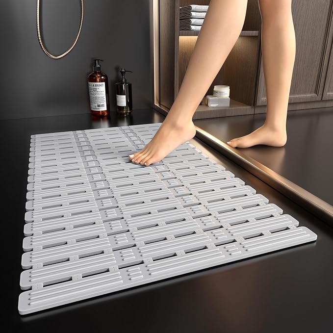 XIYUNTE Shower Mat Non Slip Bath Mat for Tub - 27 X 16 Inch TPE Bathtub Mat Non Slip Shower Mats for Inside Shower, Bath Tub Mat with Powerful Suction Cup, Easy to Cut and Dry, Light Grey