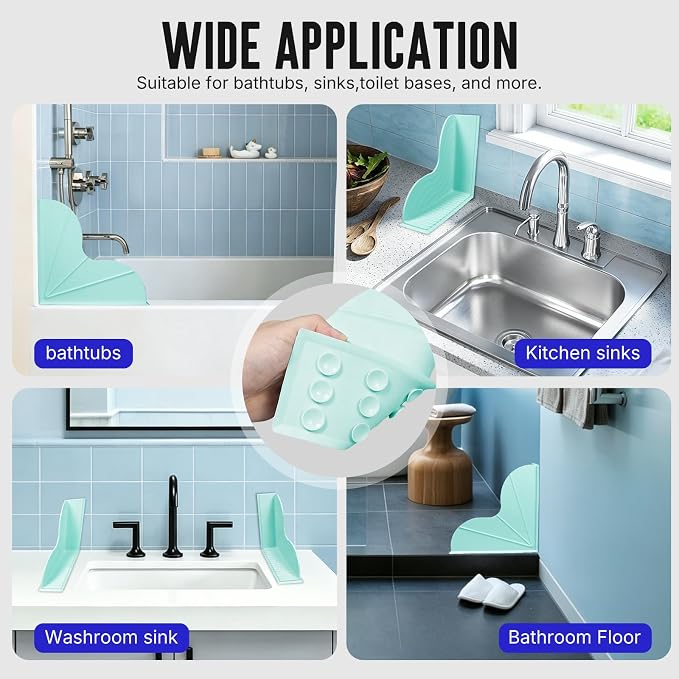 BUCABUCA 2-Pack Silicone Shower Splash Guard with Strong Suction Cups, No Adhesive L-Shaped Bathroom Water Splash Blocker, Reusable Silicone Water Guard for Bathtub, Washbasin, Kitchen Sink (Green)