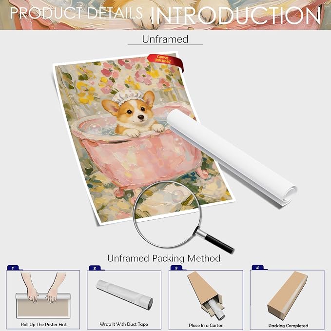 Cute Corgi Bath Time Wall Art Whimsical Floral Bathroom Poster Textured Oil Painting Print of Puppy in Pink Tub Aesthetic Wall Decor for Powder Room Apartment Pet Lover 16X24 in Unframed