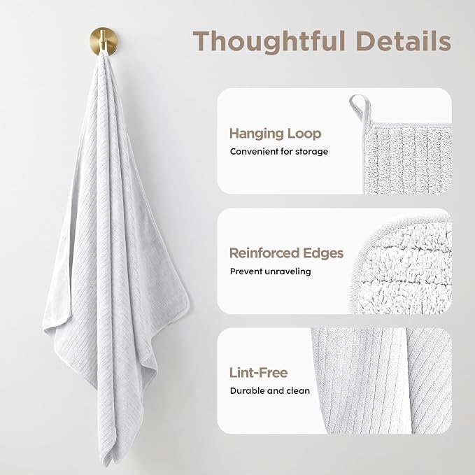 Oversized Bath Towels 8 Piece Towel Set, 2 Extra Large Bath Sheets, 2 Hand, 4 Washcloths, Luxury Soft Super Absorbent Thick Shower Towels for Bathroom, Spa & Hotel, Quick Dry, White