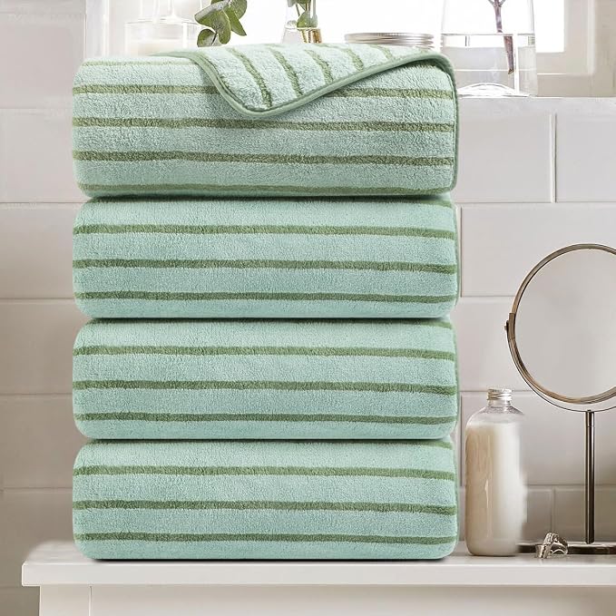 4 Pcs Green Cabana Stripe Large Bath Sheets Soft Polyester Bathroom Towels | Fluffy oversized towel with hang loops absorbent quilck dry easy replacement family dorm sets for home beach pool gym yoga