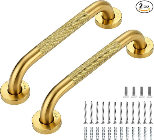 Grab Bars for Shower, 2 Pack 12-Inch Anti Slip Shower Handles for Elderly, Safety Shower Grab Bar, Stainless Steel Handicap Grab Bars for Bathroom,Toilet (Gold, 1" Diameter)