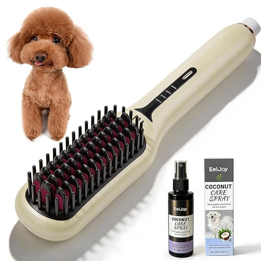 2-in-1 Electric Pet Grooming Brush with Coconut Oil Conditioner Spray, Professional Hair Styling Tool for Medium and Long Haired Dogs and Cats, Quick Hair Styling & Removing Loose Fur Knots