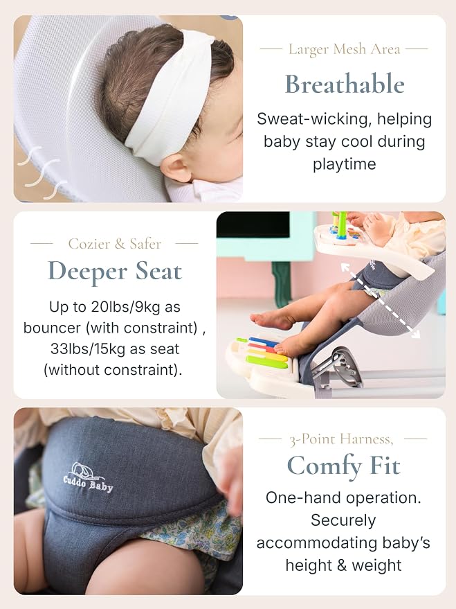 Cuddo Baby Bouncer 4-in-1 |Pianos, Feeding Tray, Play Bar, Wheels| Pink | Grow with Baby, Breathable Mesh, 3-Level Recline Foldable Seat, for Infant to Toddler 0-12M, Girl Gift Idea