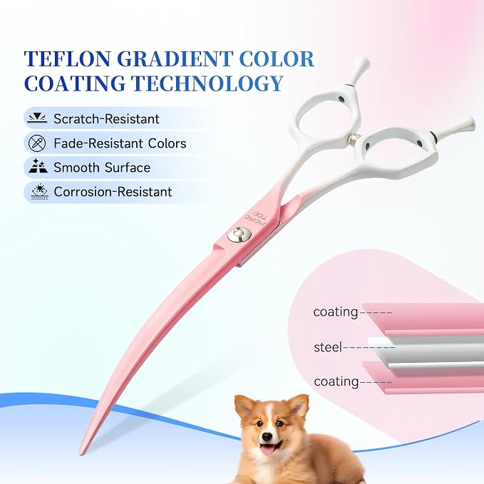 7'' Curved Dog Grooming Scissors Pink to White Gradient | 440C Stainless Steel, Sharp Durable, Professional or Home Use,Ergonomic Handle with 2 Silicone Finger Rings