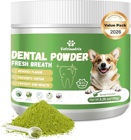 Dog Teeth Cleaning Powder, Dog Dental Powder for Tartar Remove & Plaque Off, Fresh Breath for Dogs with Natural Plant Blend, Enzymes and Probiotics, 150g