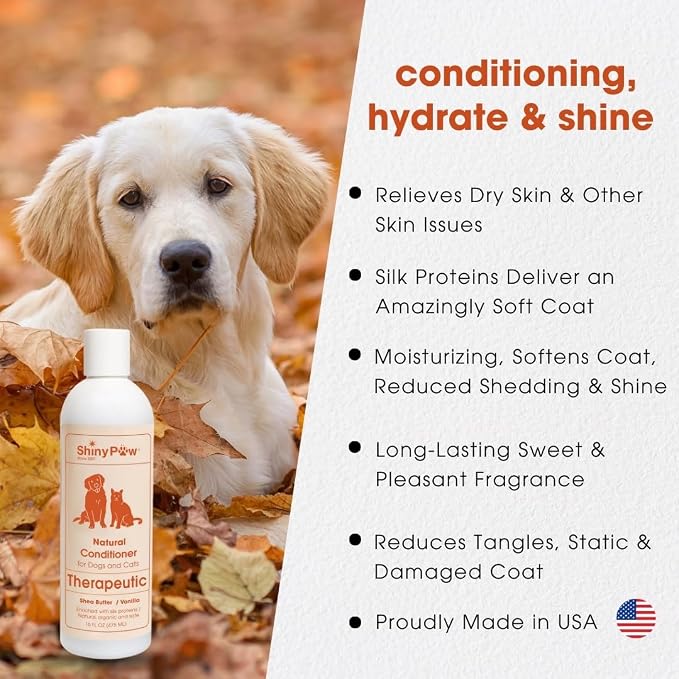 Dog Conditioner for Allergies and Itching | Shiny Paw Shea Butter & Vanilla Conditioner for Dogs & Cats | Dog Matted Hair Detangler | Made in THE USA | 16 oz