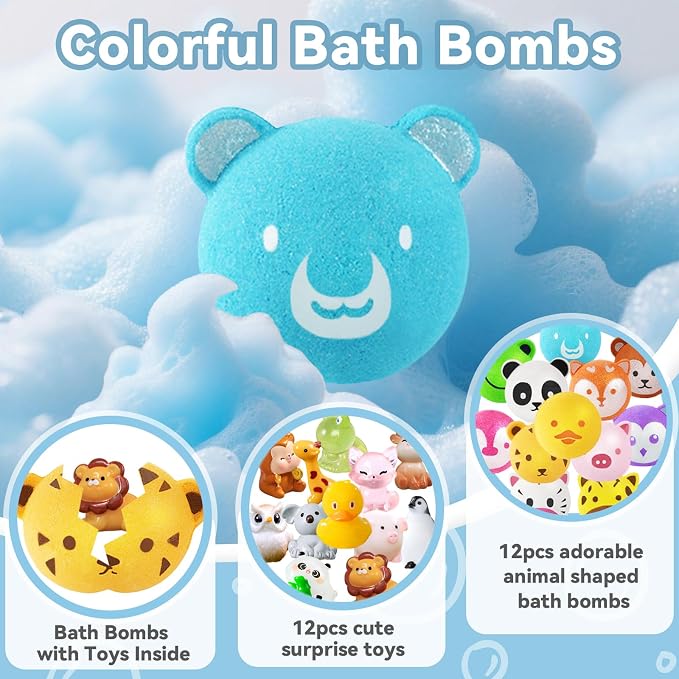 Bath Bombs for Kids with Surprise Toys Inside, 12 Pcs Bubble Bath Fizzy Balls with 12 Animal Shapes, Natural Bath Bombs Valentine's Day Easter Children's Day Gift Set for Kids Girls Boys Toddlers