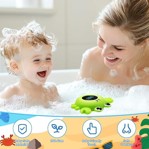 b&h Baby Bath Thermometer - Instant Read, Digital Water & Room Temp Reader, Safety Water Sensor for Infants, Color-Coded Alerts, Tub Temperature Monitor, Cute Floating Bath Toy, Crab (Green)