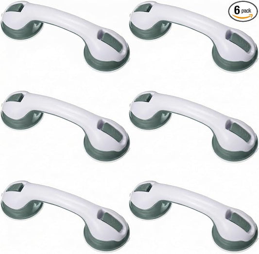 AceOrbit 6 Pack 12 Inch Shower Grab Bars for Bathtubs and Showers Suction Cup Shower Handles for Seniors Elderly Handicap Safety Handrails Removable No Drilling Heavy Duty Bathroom Grips (Green)