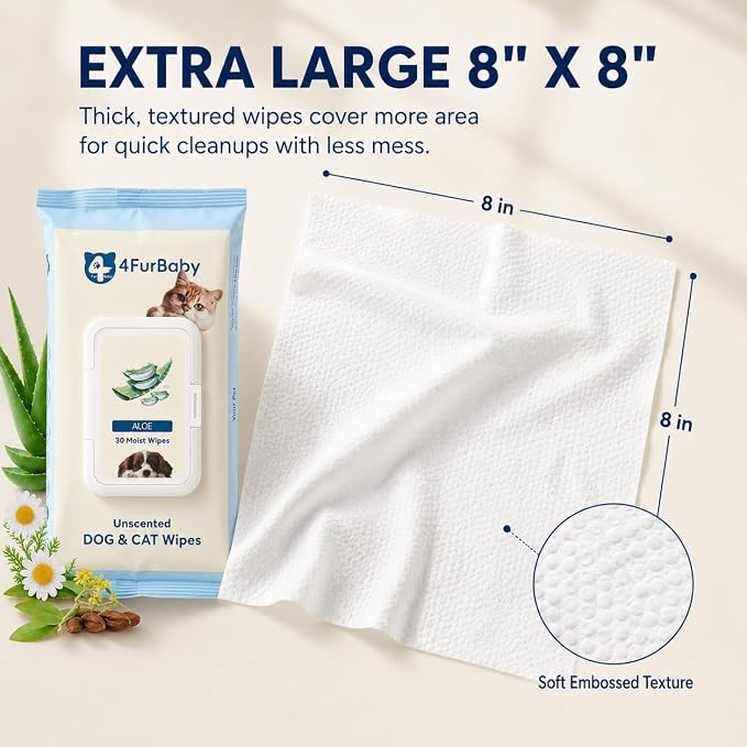 Dog Wipes for Paws and Butt, Unscented, 30 Count | 8" x 8" hypoallergenic and hydrating pet grooming wipes for dogs, cats, and daily care