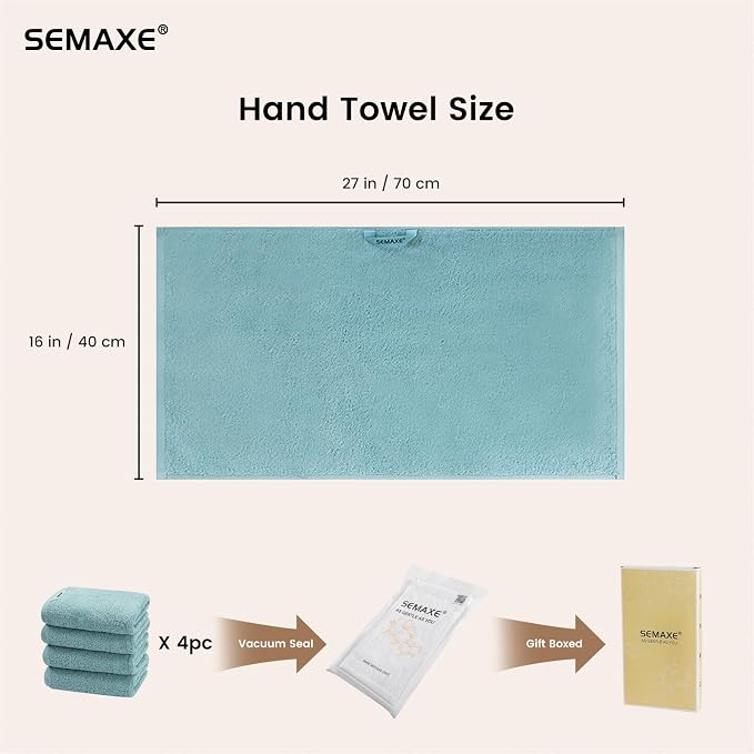SEMAXE 4-Pack Blue Cotton Hand Towels for Bathroom with Hanging Loops | Sink-side towels for drying hands and face, ideal for bathrooms, guest baths, powder rooms, OEKO-TEX certified, easy care