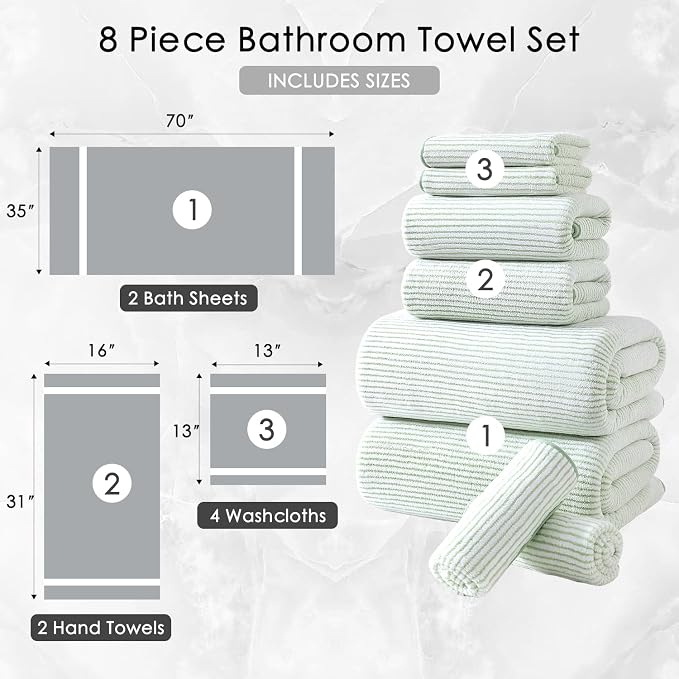 8-Piece Premium Towel Set for Bathroom|2 Oversized Large Bath Sheet,2 Hand Towels,4 Washcloths|Soft Cozy Highly Absorbent Fast Dry Microfiber Shower Towel Set for Hotel Bathroom Essentials,Green White