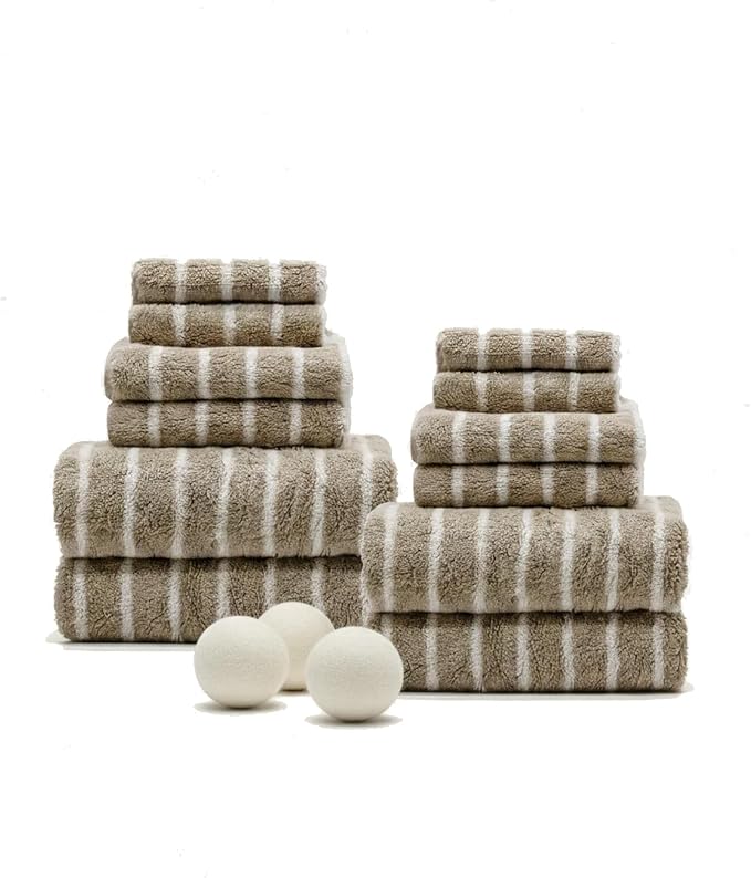Italic Ultraplush 12-Piece Family Towel Set – Luxury Bath Towels, Hand Towels & Washcloths – Plush, Quick Dry, 800GSM 100% Australian Cotton for Bathroom & Spa - White & Blue (Tan & Ecru)