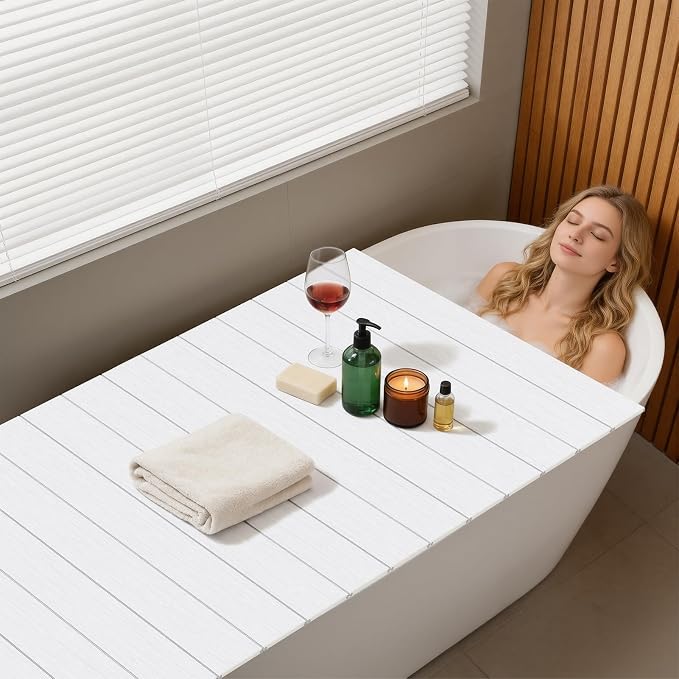 Foldable Bathtub Cover, Foldable PVC Tray - Waterproof Insulation Lid, Shutter Fits Most Standard Bathtubs, Holds Tablet, Wine Glass & Phone 150 x 70cm